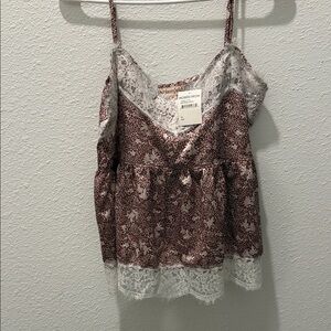 Nordstrom Floral Lace Trim Cami - Brown and White
